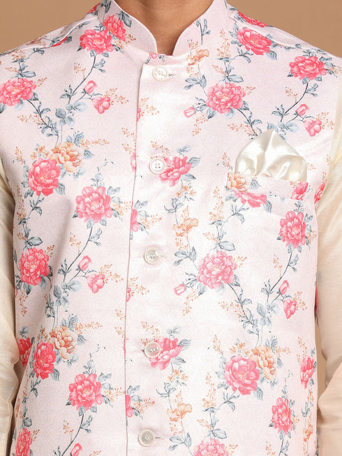 Men's Peach Digital Printed Royal Angrakha Nehru Jacket With Cream Kurta Pyjama Set